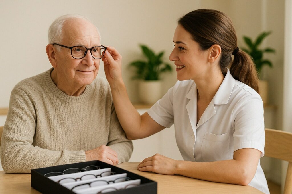 Homme en ehpad qui essaye des lunettes Sonesis